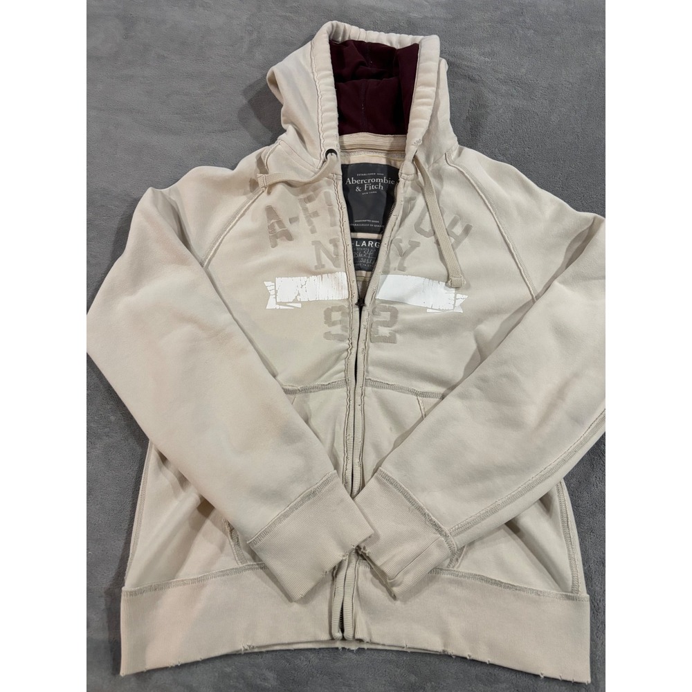 Abercrombie & Fitch Mens XL Full Zip Hoodie Cream Distressed Graphic Logo Fleece